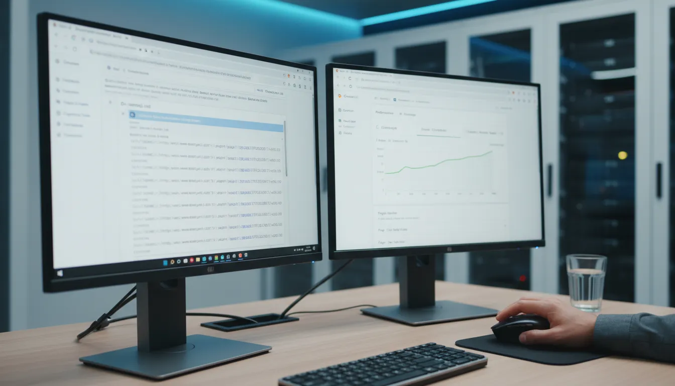 Tela com sitemap e Google Search Console sendo gerenciados em escritório tecnológico.