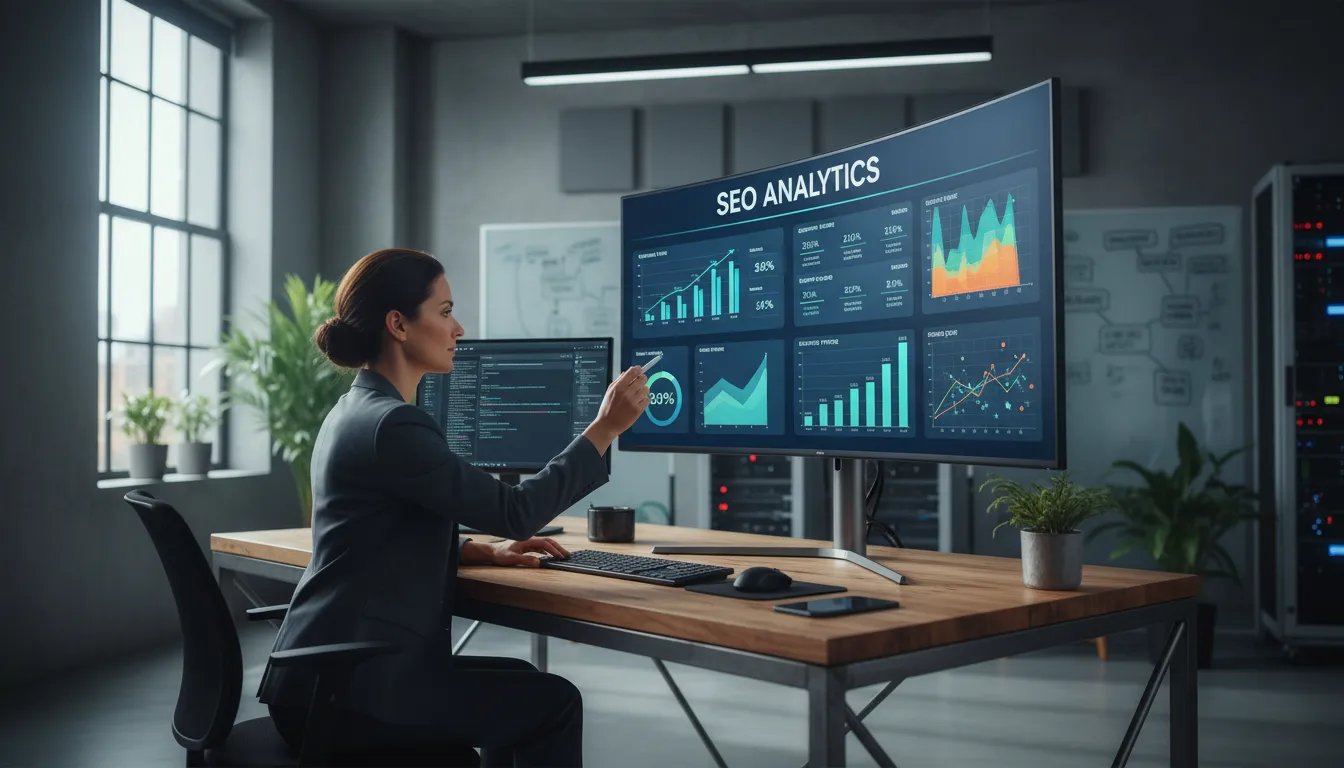 Profissional analisando dados de SEO em monitor com gráficos e ambiente moderno