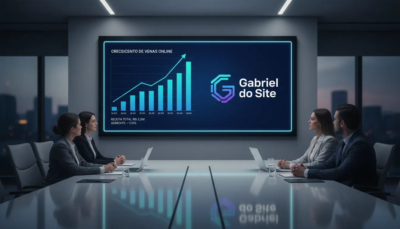 Painel digital exibe crescimento de vendas e logotipo da Gabriel do Site em ambiente corporativo