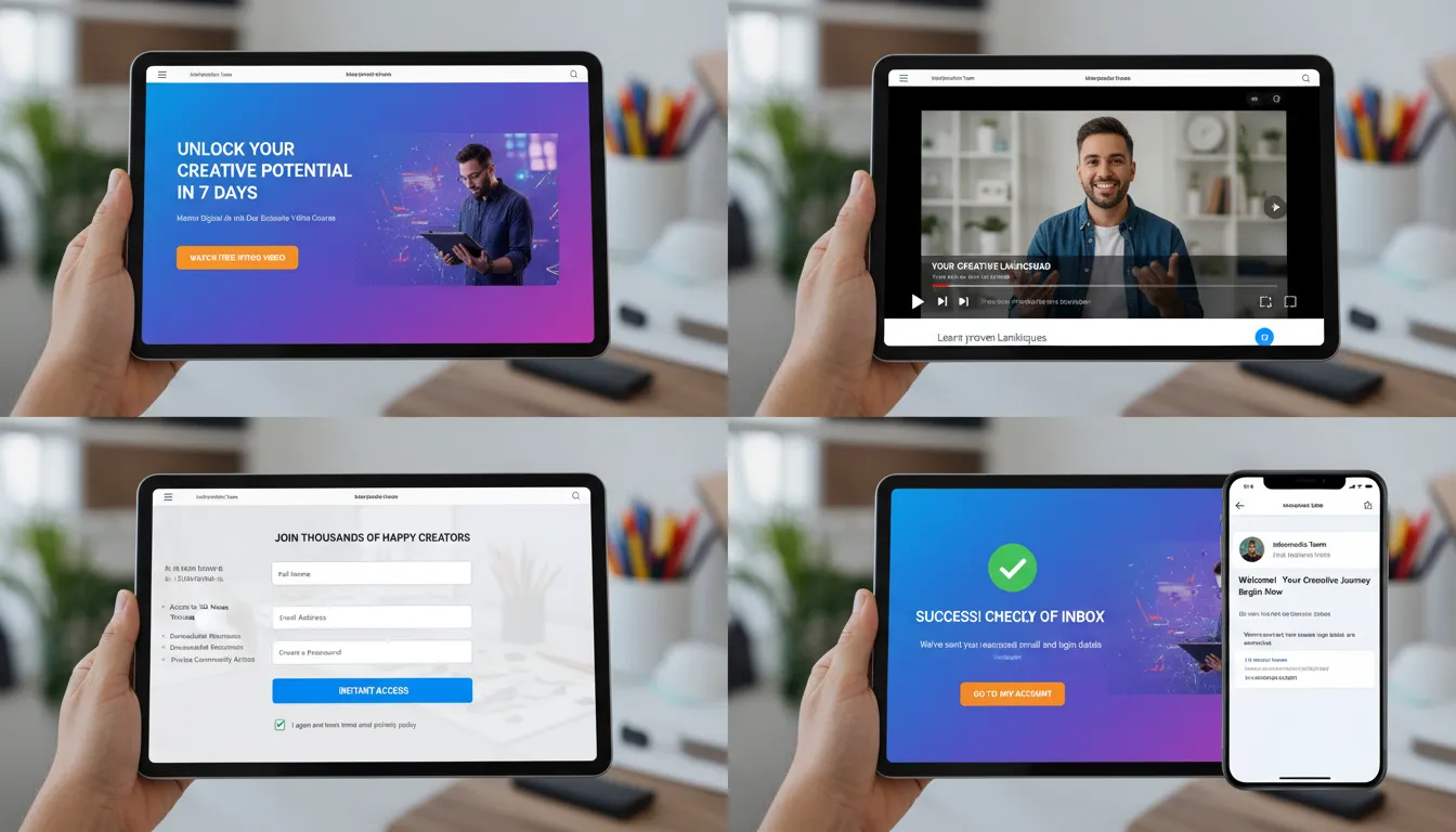 Sequência do funil: visitante lê, assiste vídeo, preenche formulário e recebe confirmação por e-mail