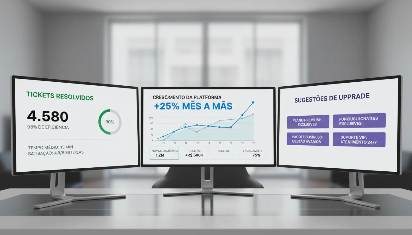 Painel com métricas de crescimento e tickets resolvidos, ilustrando acompanhamento e evolução contínua