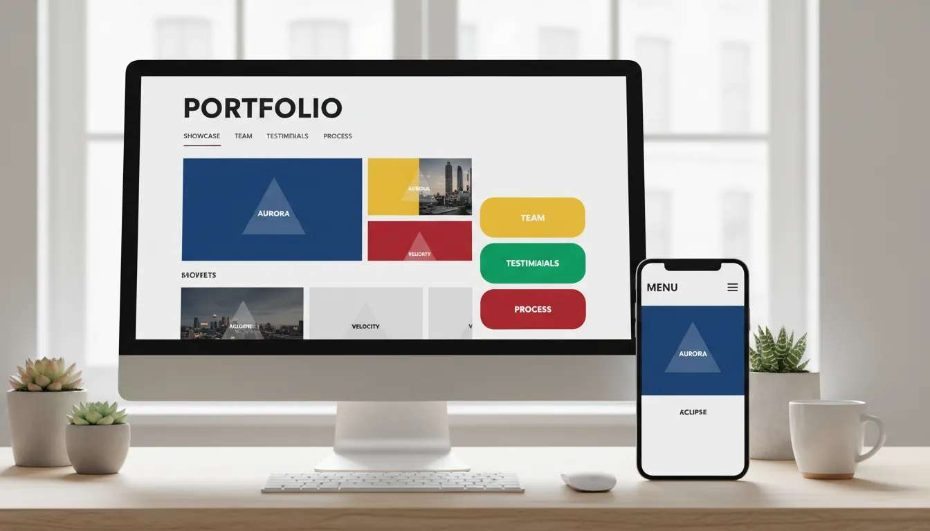 Layout responsivo de site de portfólio com seções de trabalhos, equipe, depoimentos e processos, em visual moderno