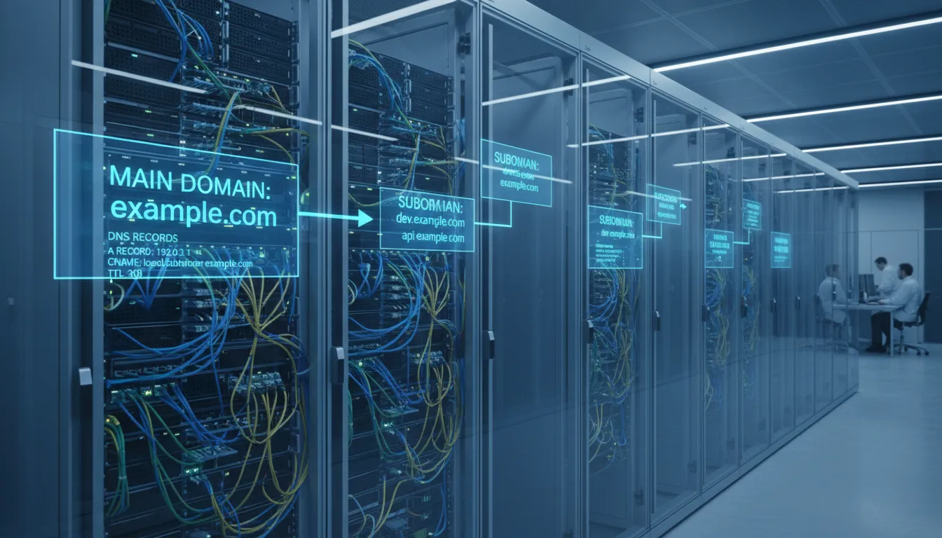 Servidores de dados conectados simbolizando configuração DNS precisa para domínios e subdomínios em infraestrutura digital.