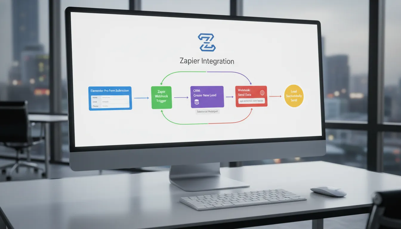 Painel integrando dados do Elementor Pro a um CRM via Zapier e Webhooks com interface moderna.