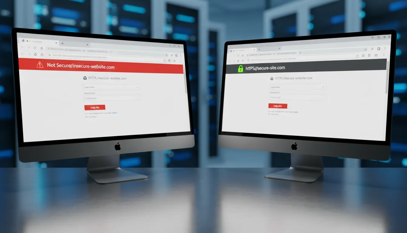 Comparação visual entre site HTTP inseguro e HTTPS seguro com cadeado verde.