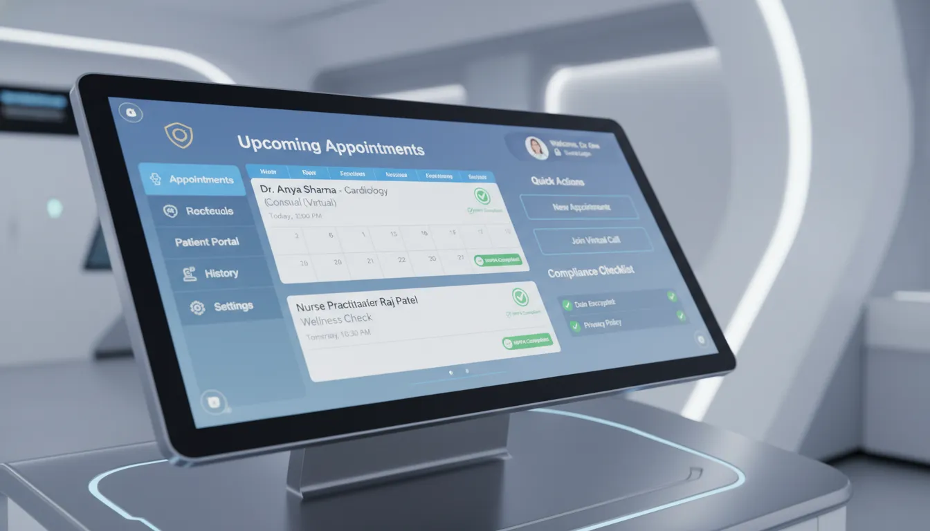 Paciente utilizando tablet com formulário LGPD-compliant, campos simples e destaque para consentimento de dados.