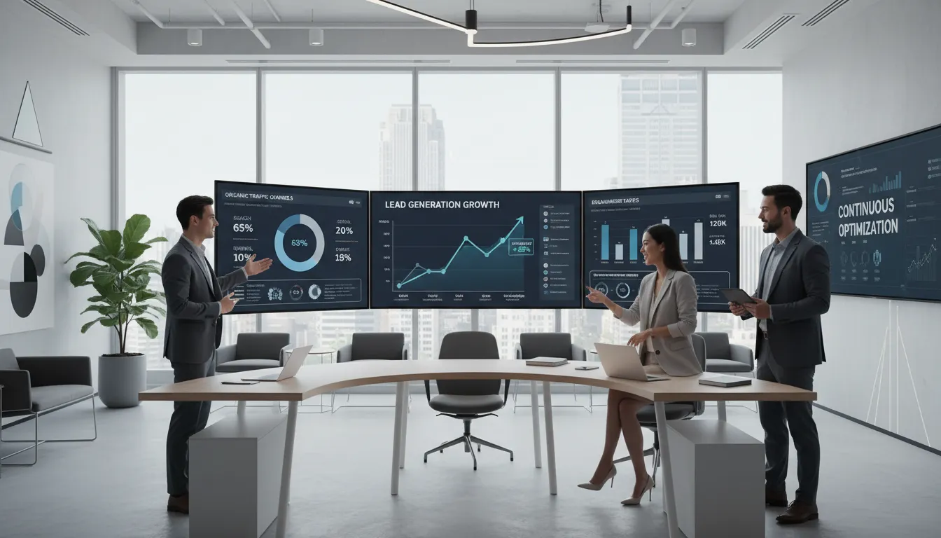 Profissionais analisando dashboards de métricas, taxas de conversão e leads em ambiente corporativo contemporâneo
