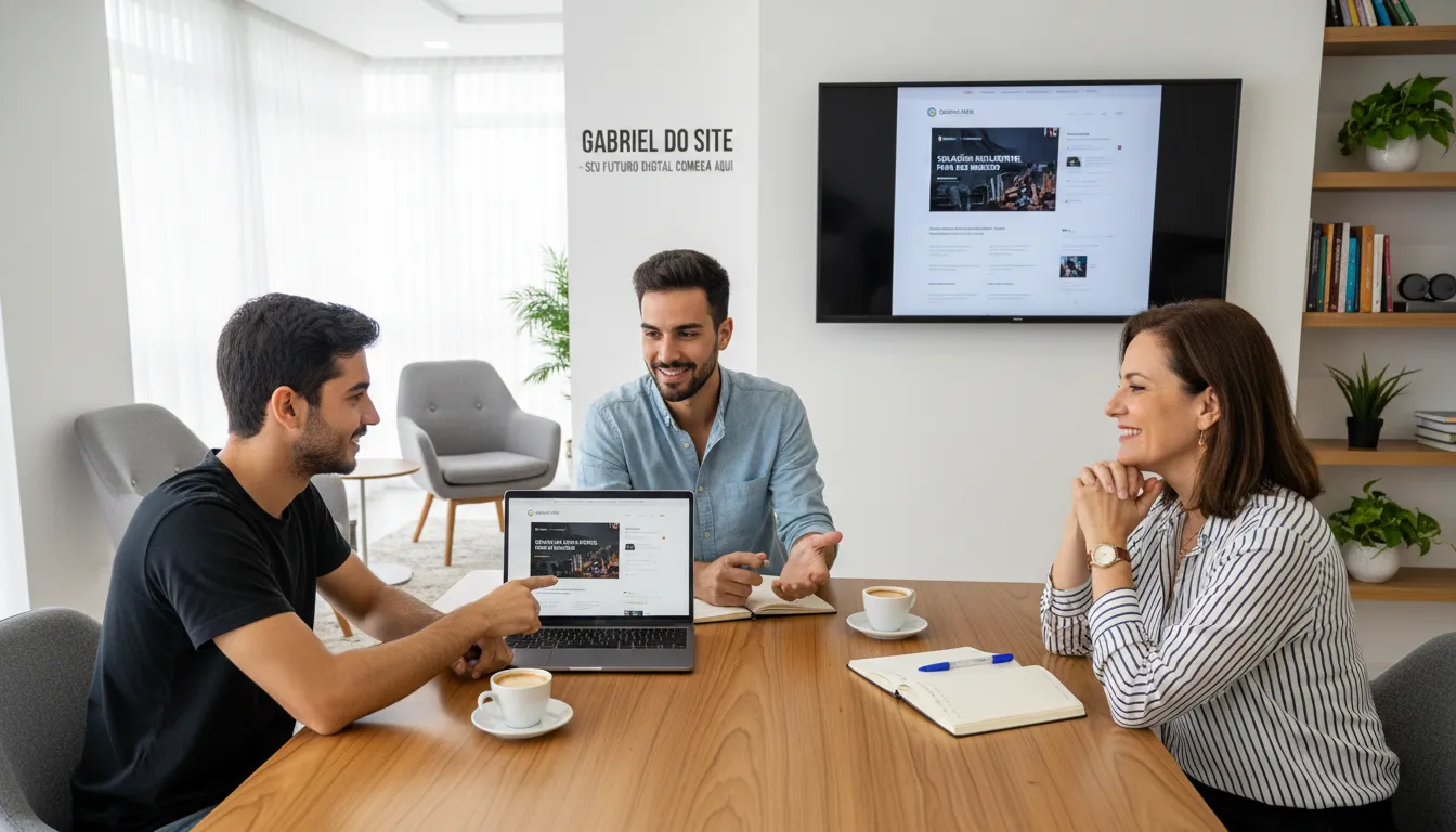 Consultores da Gabriel do Site apresentando soluções digitais personalizadas a cliente em notebook
