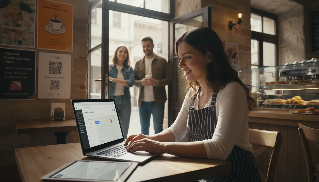 Dono de café em BH ajustando perfil do Google com destaque para ambiente moderno e clientes entrando