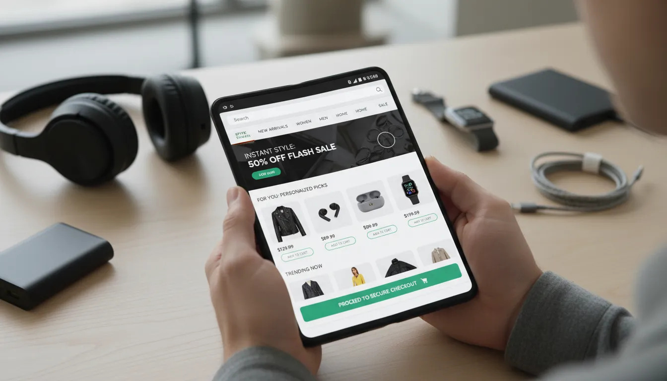 Usuário navegando e comprando em site mobile rápido, com recomendações dinâmicas e checkout intuitivo