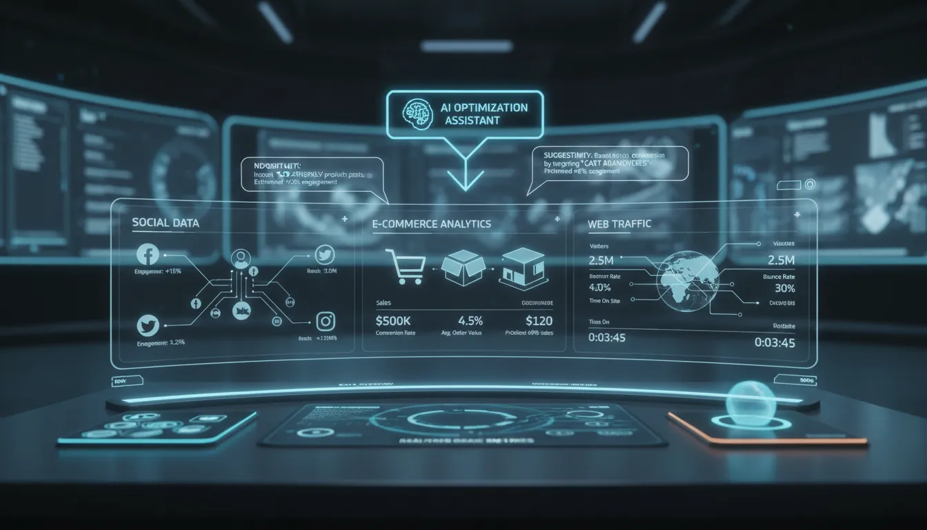 Dashboard com IA integrando dados de várias plataformas e sugerindo otimizações automaticamente.