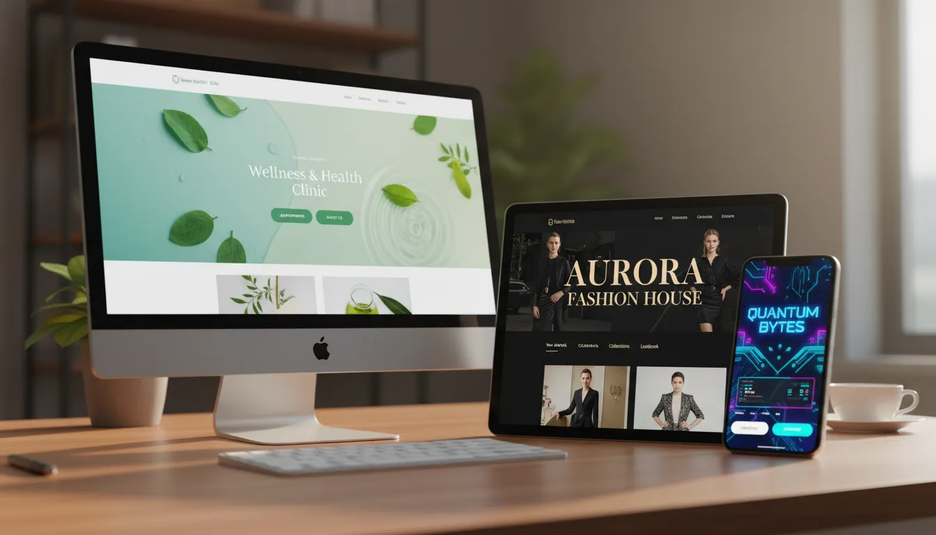 Colagem fotorrealista de sites por nicho destacando estratégias de cores em vários dispositivos