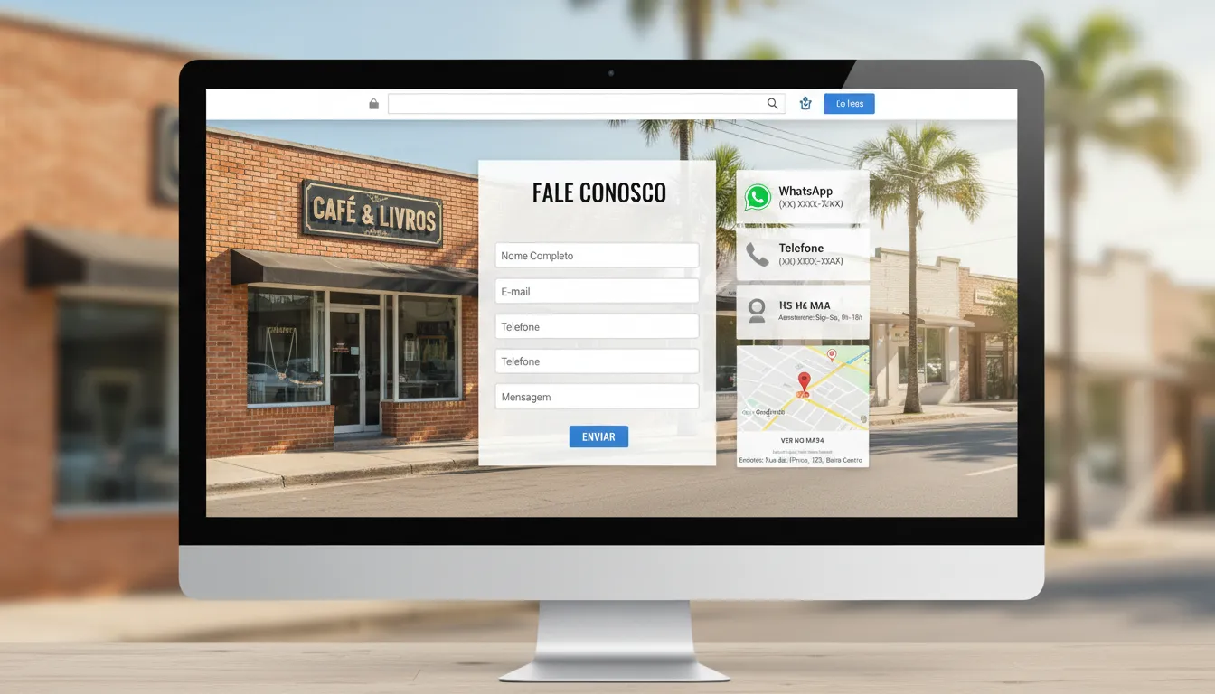 Formulário de contato eficiente em site, com WhatsApp e mapa, mostrando fachada de empresa de bairro