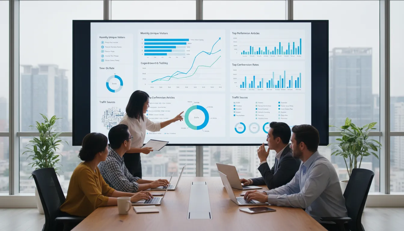Equipe analisando métricas de desempenho do blog em dashboard digital