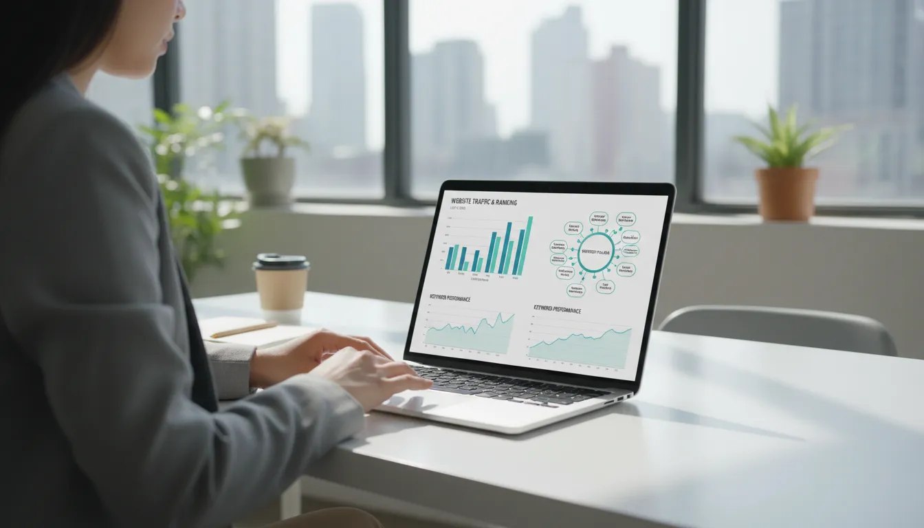 Profissional analisando dados de SEO e palavras-chave em notebook para definir tema pilar
