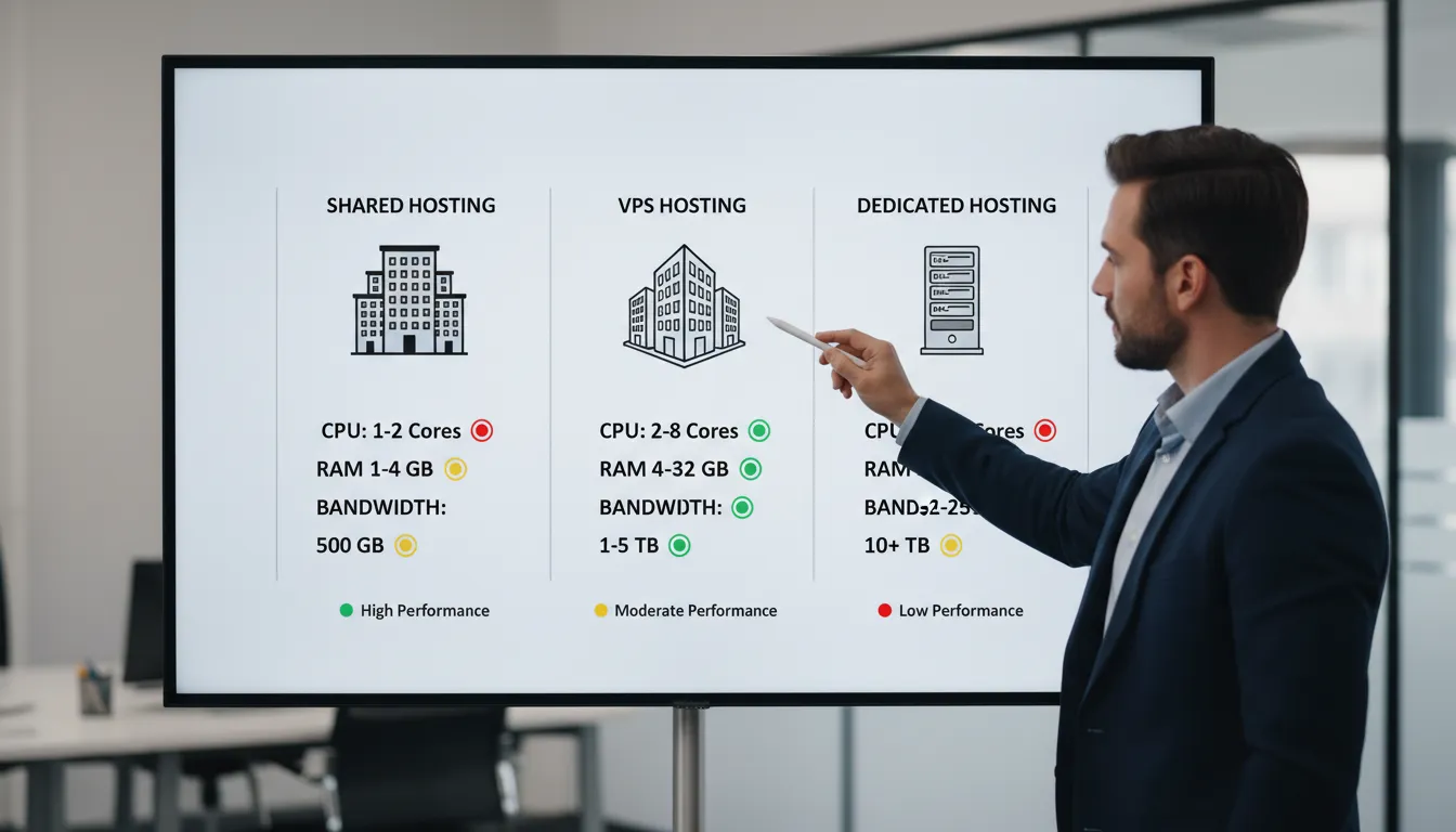 Quadro digital mostrando comparação prática entre hospedagem compartilhada, VPS e dedicada com indicadores de performance.