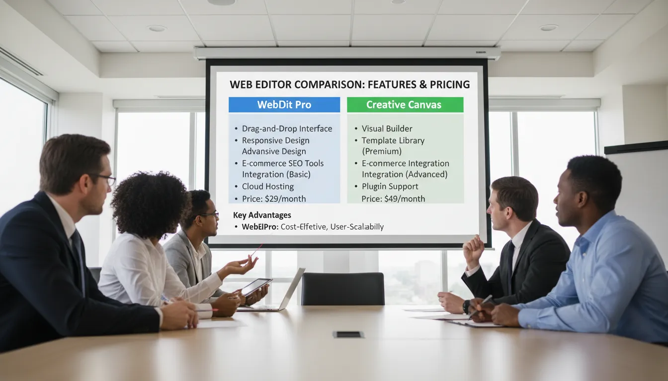 Apresentação de tabela comparativa entre editores WordPress em tela grande com equipe atenta ao redor.