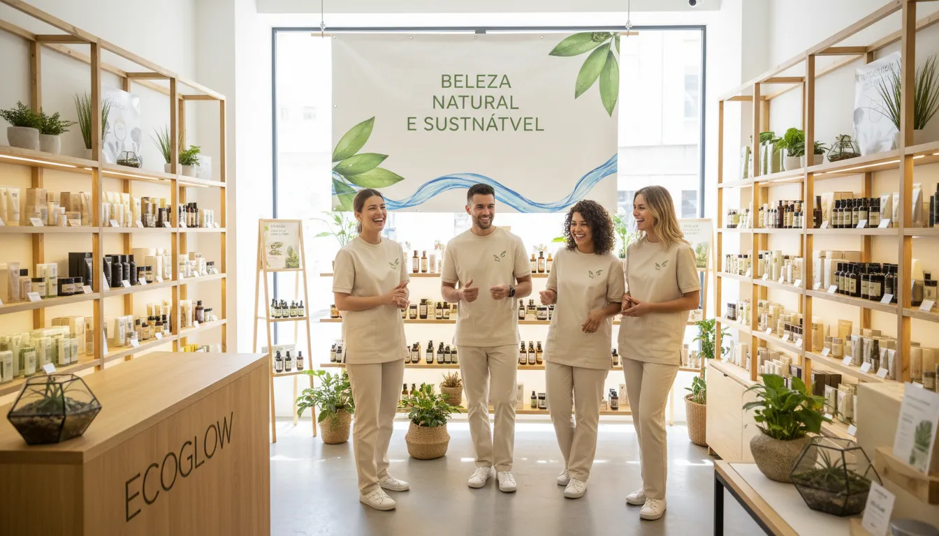 Equipe de loja de cosméticos transmitindo autenticidade e valores sustentáveis