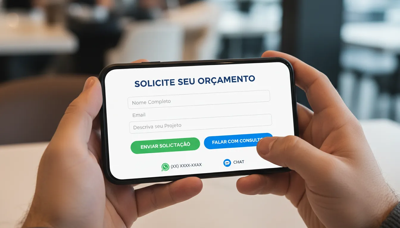 Formulário de orçamento otimizado com opções de contato via WhatsApp, facilitando pedidos online pelo celular.