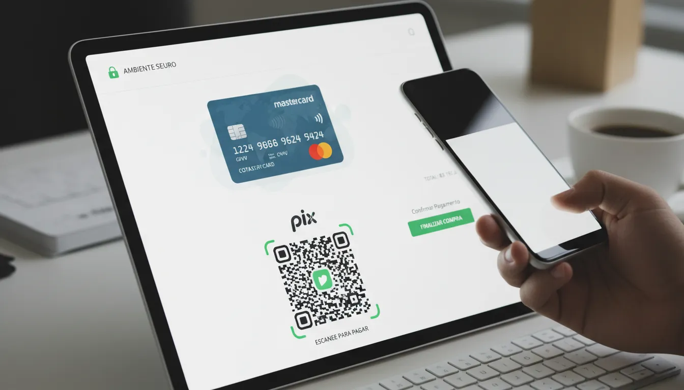 Checkout seguro de loja virtual exibindo múltiplas opções de pagamento integradas