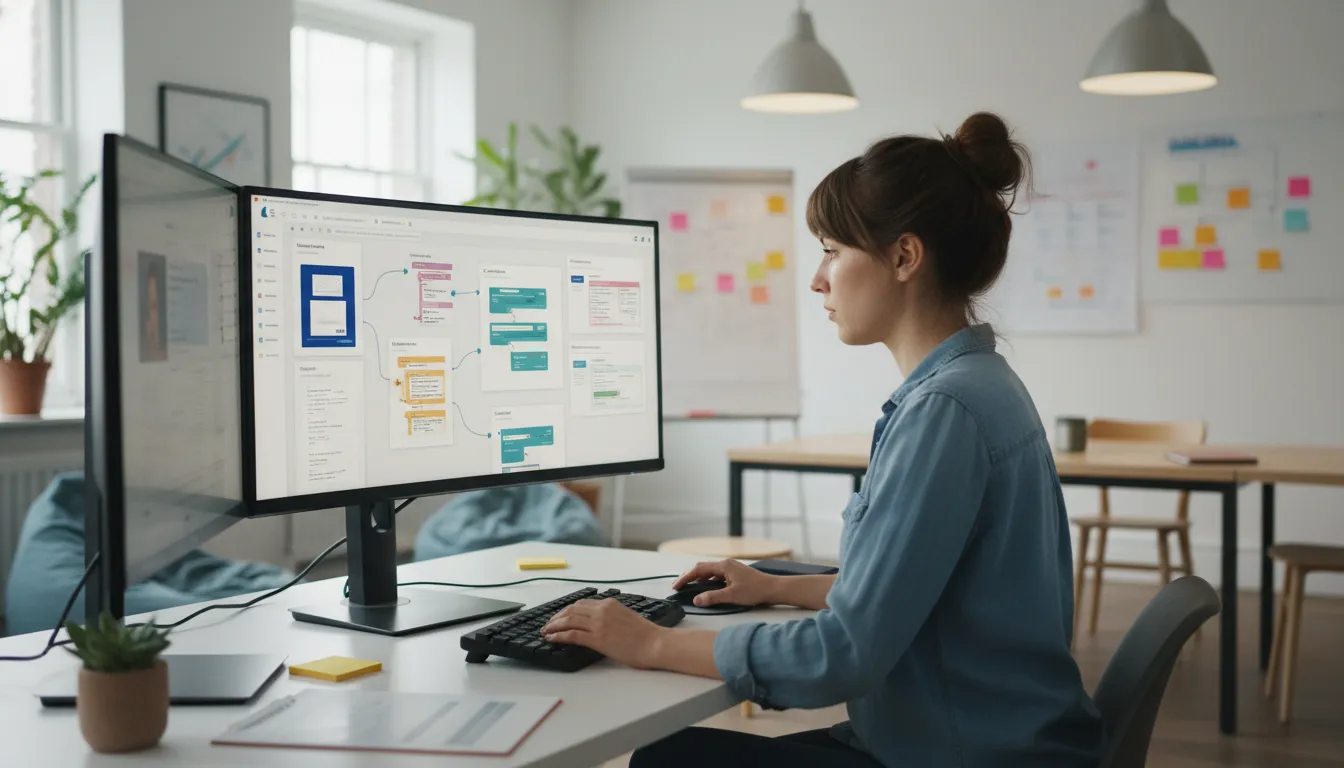 Profissional configurando automações de e-mail marketing em plataforma visual no escritório criativo.