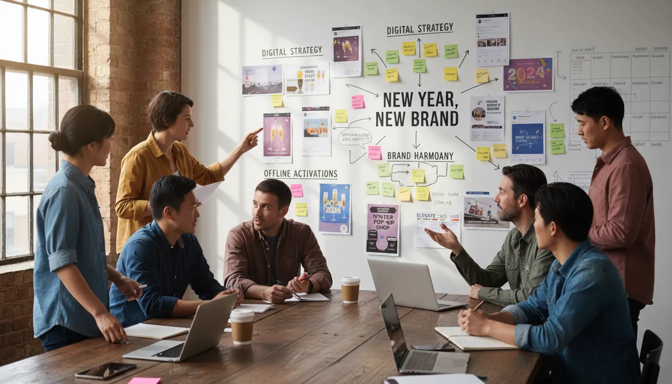 Equipe diversa planejando campanha de Ano Novo com painéis de ideias e integração digital-offline.