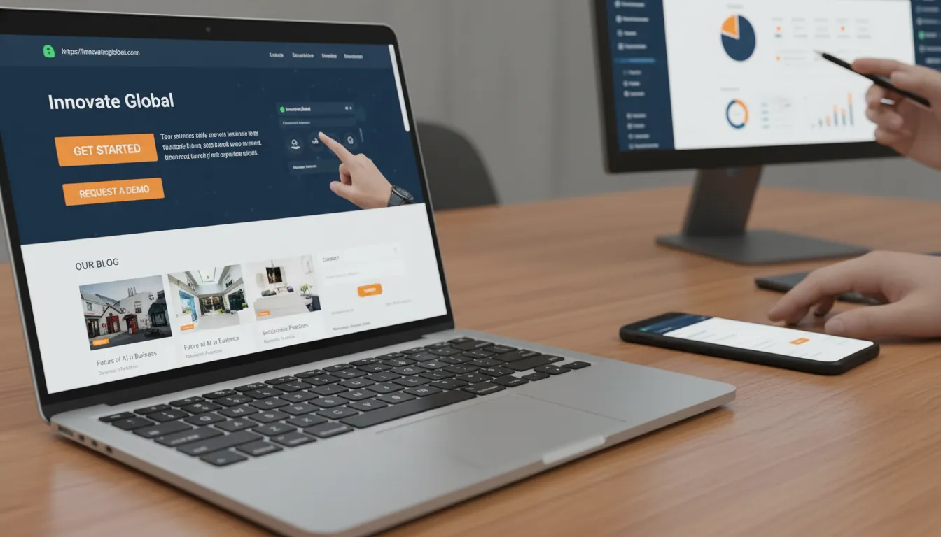 Dispositivos mostram site responsivo, seguro e veloz, com CTAs visíveis e formulário sendo testado para captação de leads.