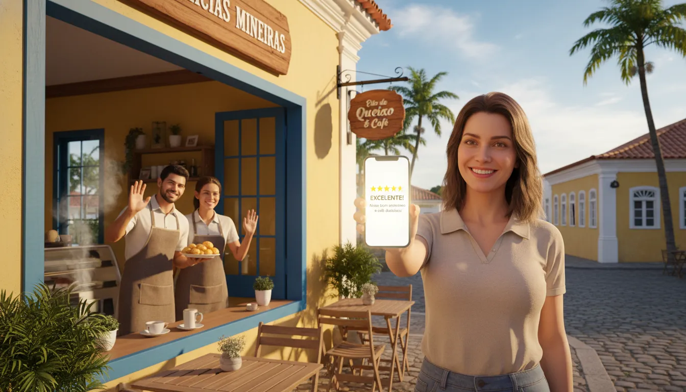 Comércio em BH recebendo avaliação cinco estrelas pelo celular com equipe sorridente no atendimento