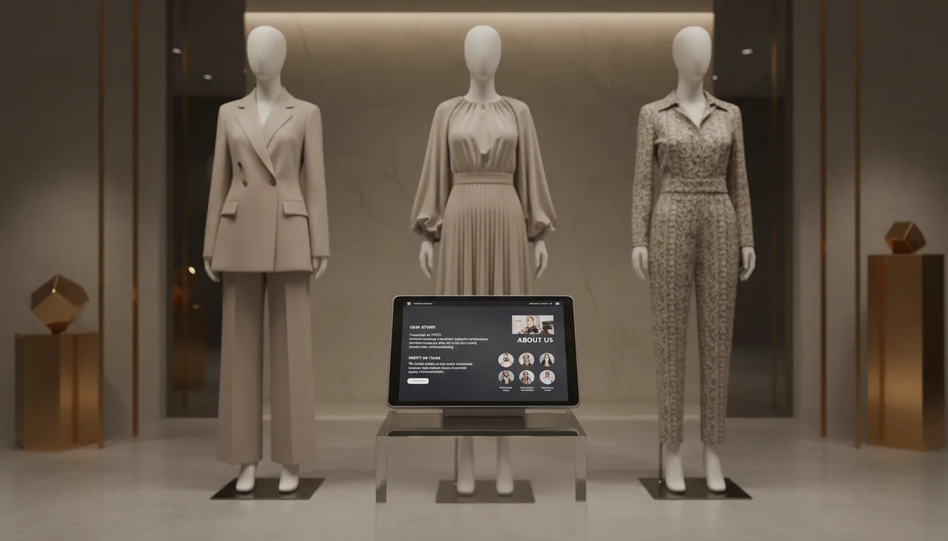 Loja virtual de moda exibindo manequins e página 'Sobre Nós' em tablet