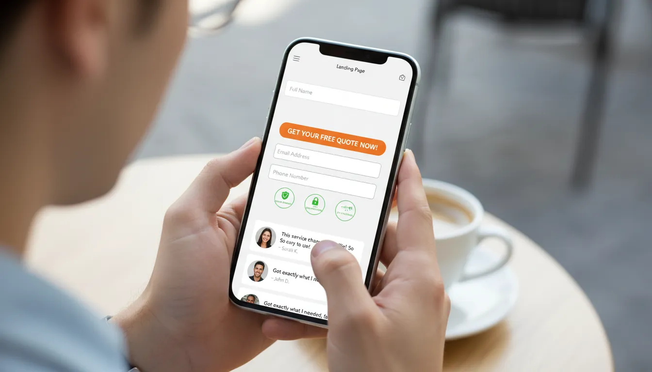 Usuário visualizando landing page otimizada no smartphone, com CTA claro, depoimentos e design responsivo.