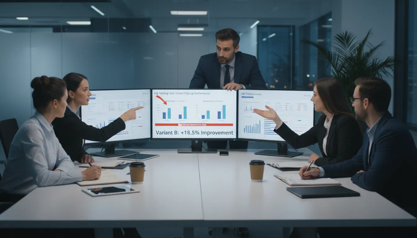 Equipe analisando métricas de testes A/B de pop-ups de saída em ambiente corporativo