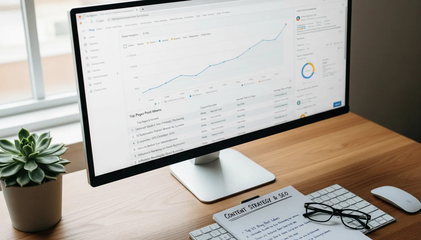 Gráficos de desempenho de blog e lista de ideias de posts para alavancar tráfego orgânico de loja virtual.