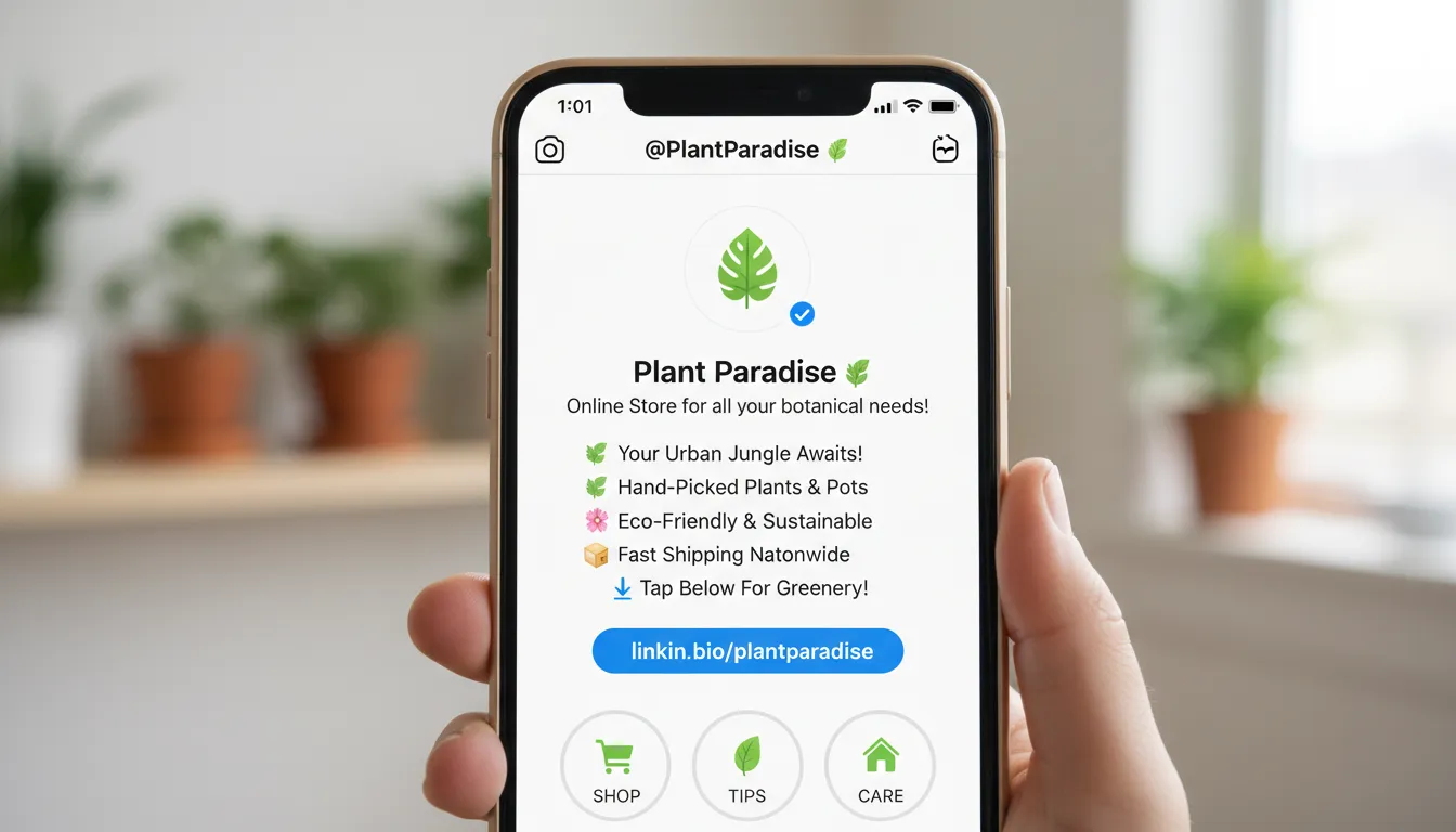 Bio no Instagram de loja virtual em destaque, com emojis e link in bio visíveis na tela do celular.