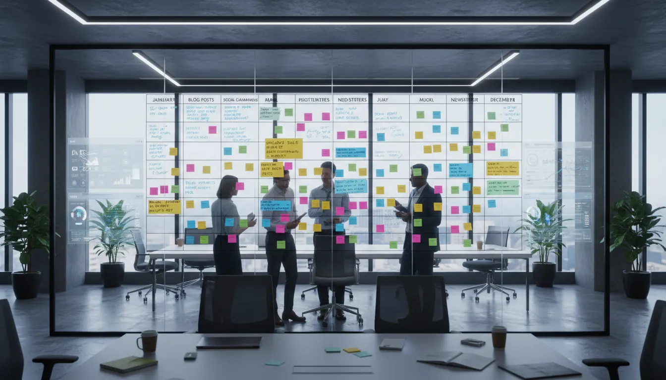 Equipe analisa clusters mensais e sazonalidades em calendário editorial mural moderno