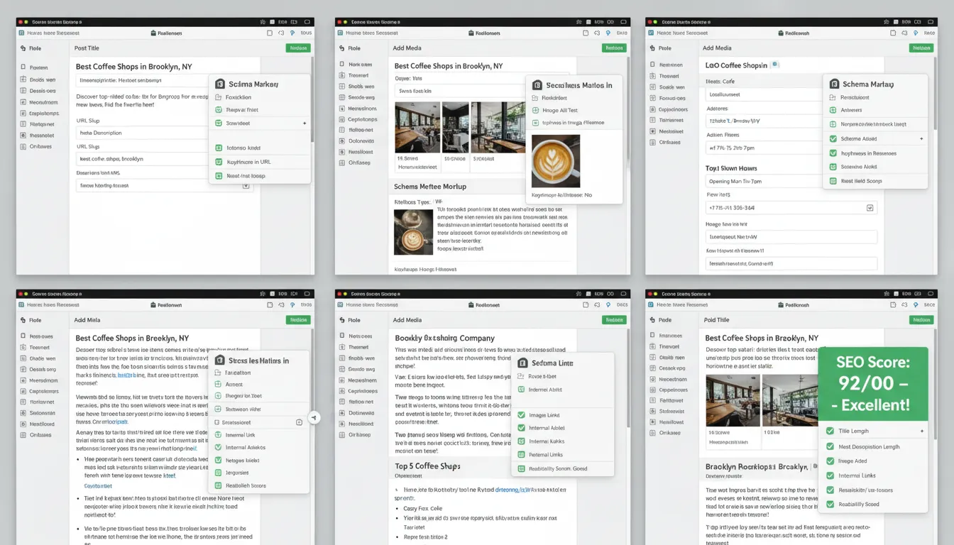 Montagem exibindo otimização prática de post, com título, meta, url, imagens, esquema e links em destaque