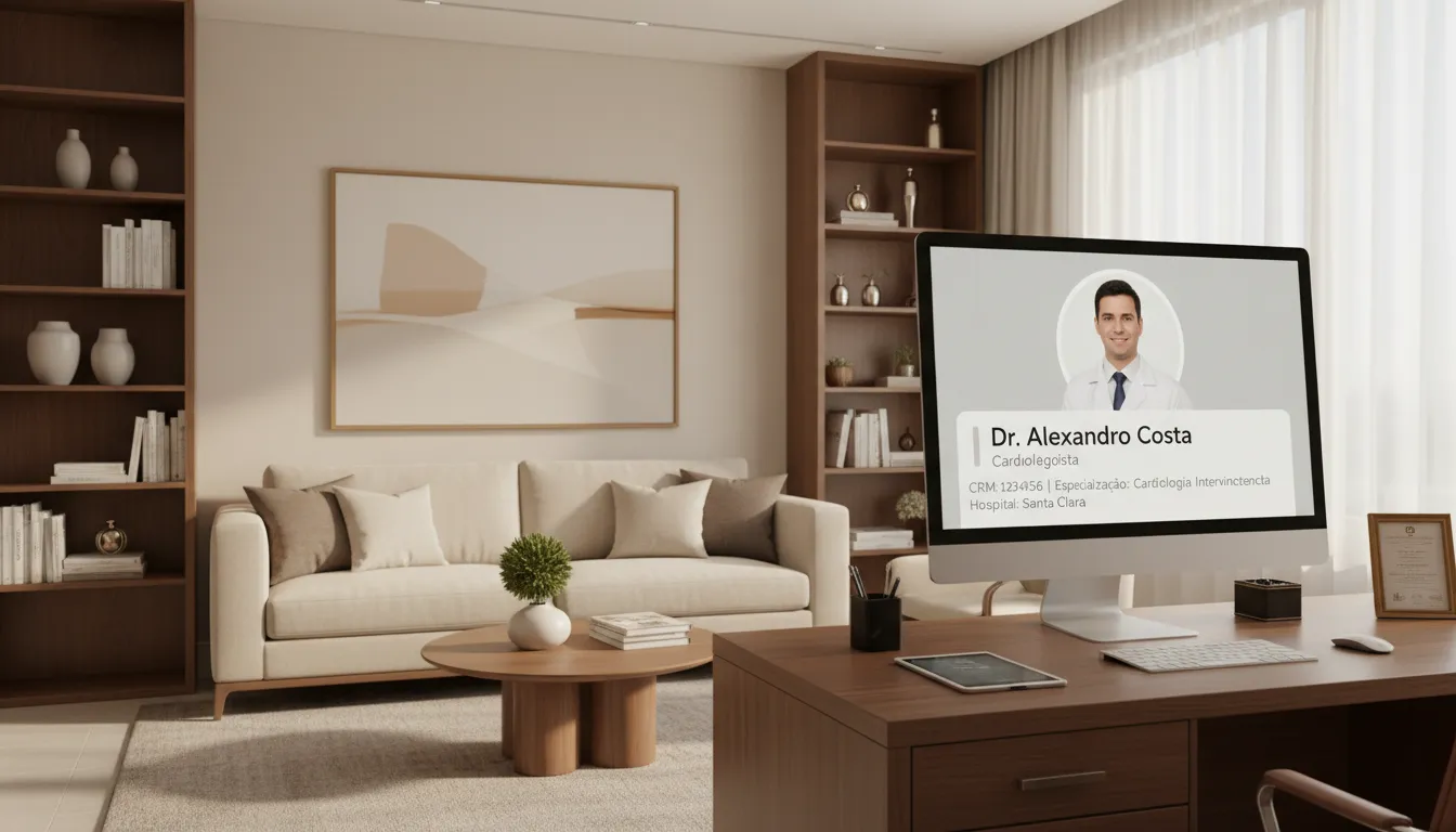 Consultório médico sofisticado com computador mostrando bio digital de médico ou psicólogo.