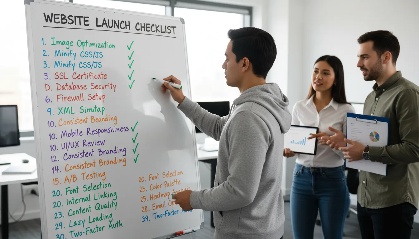 Quadro branco exibe checklist colorido de 30 itens essenciais para revisão de site, equipe marca tarefas concluídas.