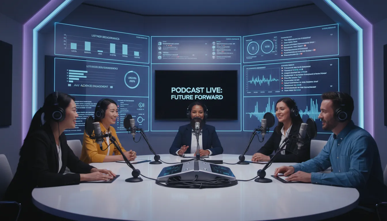 Equipe multicultural grava podcast em estúdio moderno monitorando estatísticas de engajamento em tempo real.