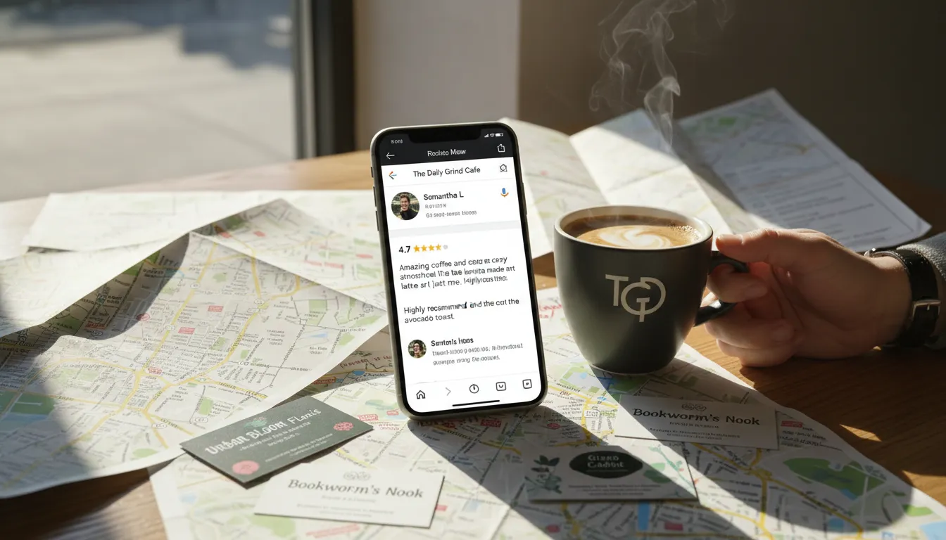 Celular exibindo página de reviews do Google Maps com mapas locais e cartões de visita em ambiente iluminado