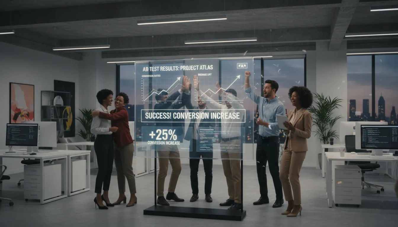 Equipe comemorando resultados positivos de teste A/B exibidos em monitor com gráficos claros.