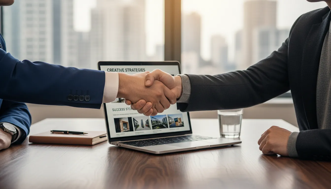 Aperto de mão entre consultor de agência e cliente premium, portfólio aberto no notebook, destacando confiança