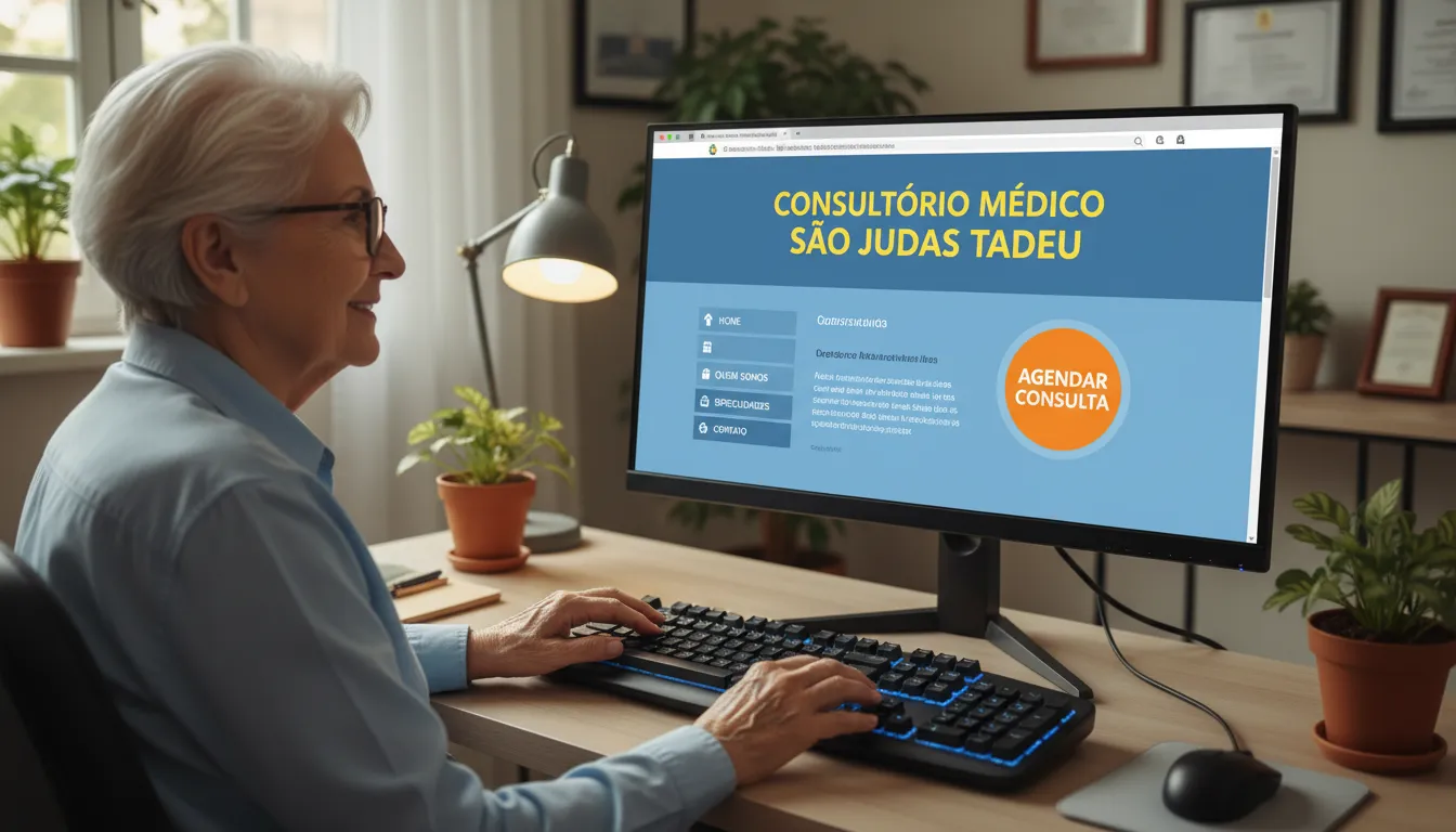 Paciente idoso usando site médico acessível, com botão de agendamento em destaque e foco em inclusão.