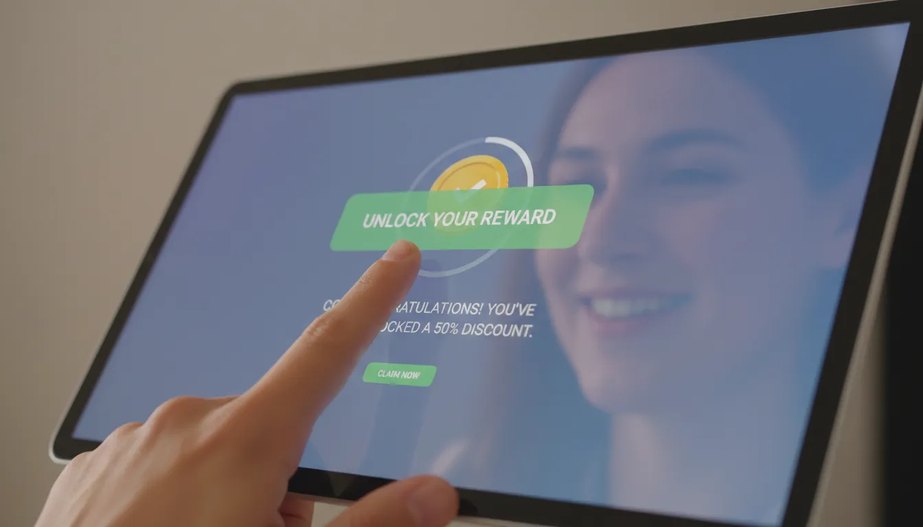 Mão interagindo com CTA em tela touch, mostrando conversão instantânea e boa experiência de usuário