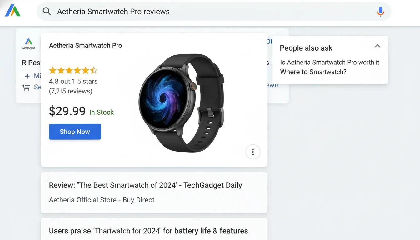 Rich snippet de produto com avaliações, preço e disponibilidade em destaque no Google