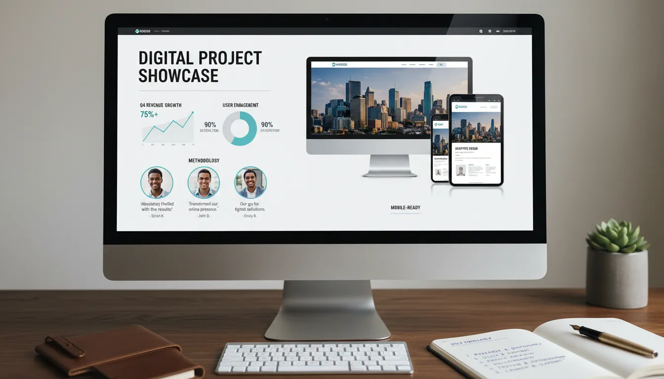 Site Institucional para Agência Digital: Portfolio + Metodologia + Lead Magnet Integrado 1 Portfolio digital em destaque, mostrando resultados e metodologia ao lado de depoimentos.