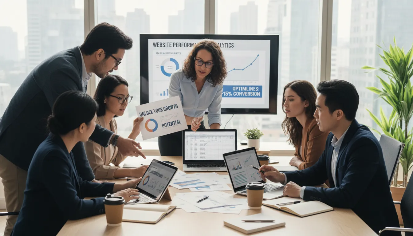 Equipe analisando headlines e gráficos de conversão em papéis e telas digitais, sugerindo trabalho colaborativo em copywriting.