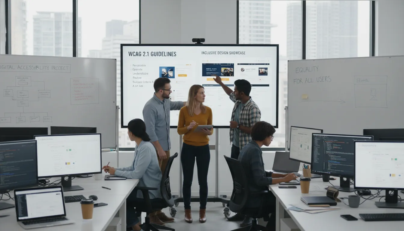 Equipe revisando diretrizes de acessibilidade para um site