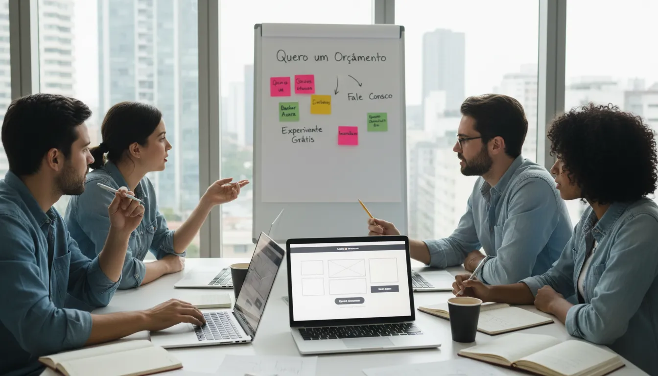 Equipe em reunião criativa discutindo textos para botões CTA, com esboços de landing pages nos notebooks.