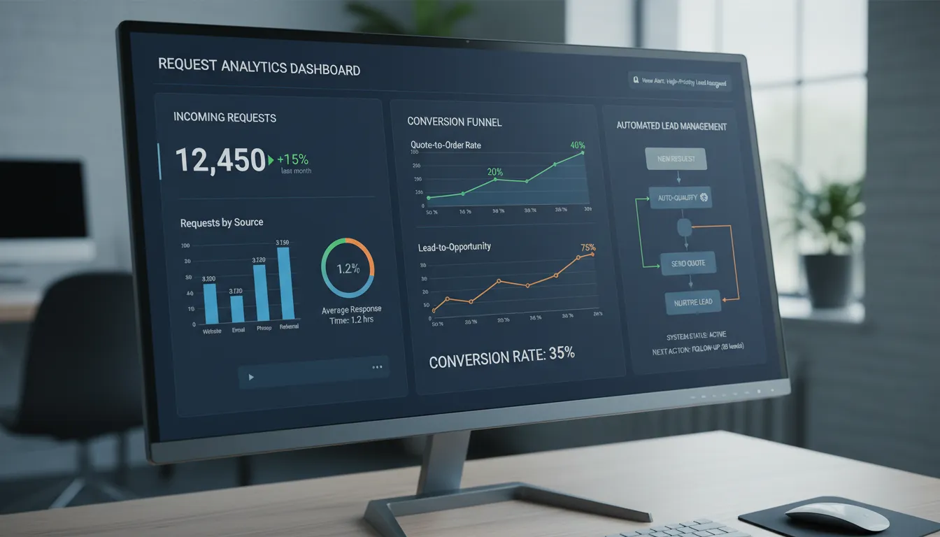Gestão eficiente de pedidos de orçamento com dashboard digital exibindo gráficos e automação de contatos.