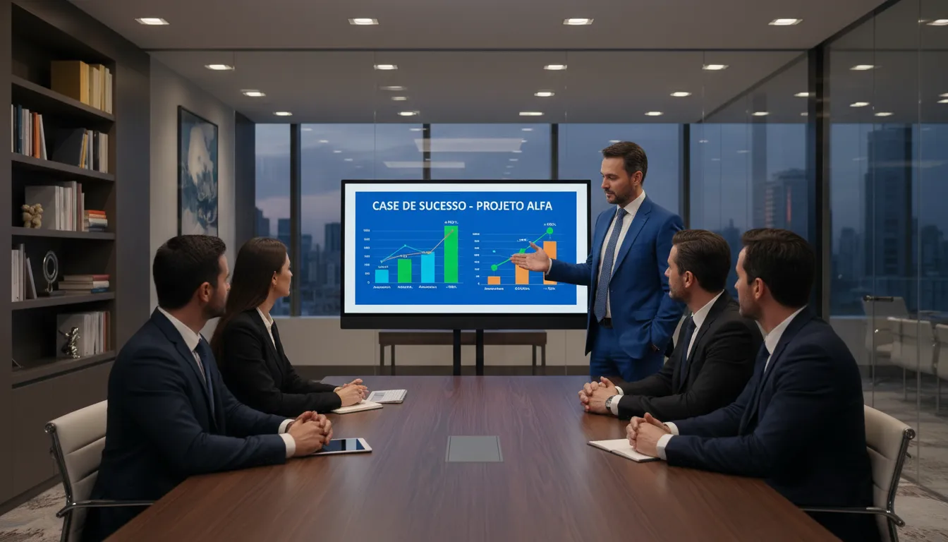 Consultor mostrando case de sucesso em reunião empresarial, com gráficos de resultados em tela.